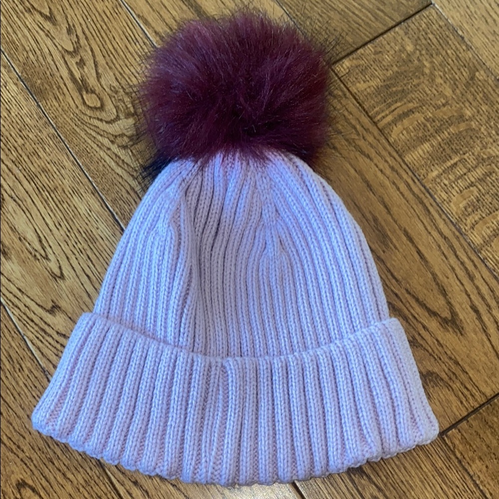 Amazon Essentials Purple and Red Knit Beanie with Pom Pom